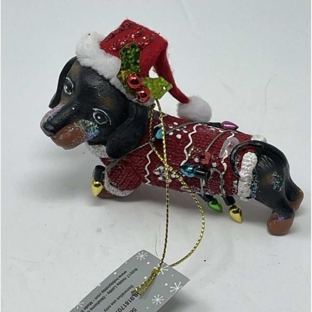 New Christmas Ornament 4” Black Dachshund Sweater Hat Lights Puppy animal‎